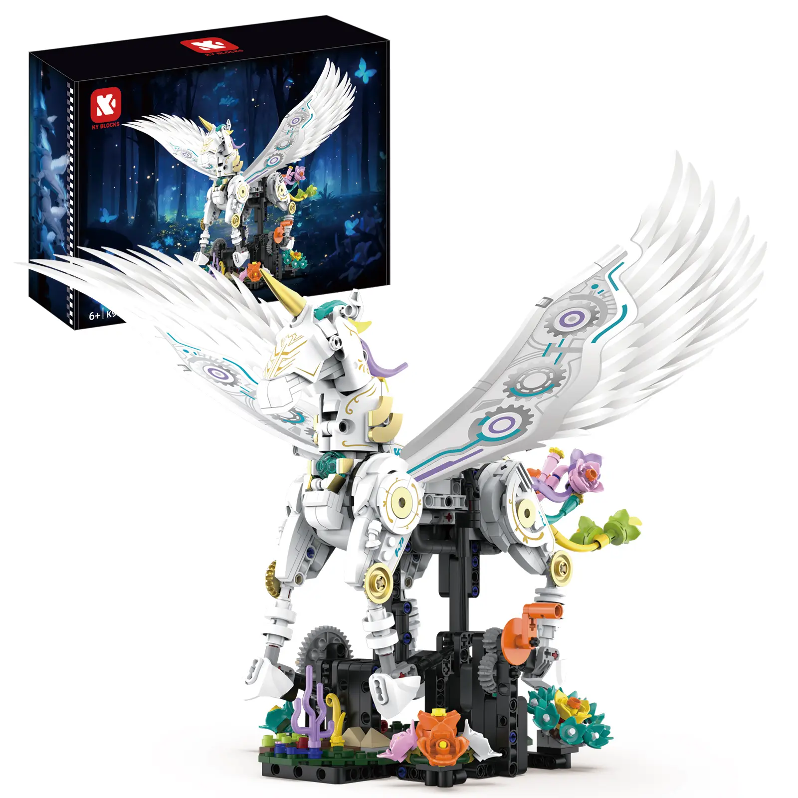 Fantasy Unicorn Mecha Model Building Block Kit - Crank-Handle Driven Motion, Poseable Wings/Legs, Flower Base, STEM Building Blocks, Collectible Desk Decor, Father's Day Gift, Construction Toy for Girls