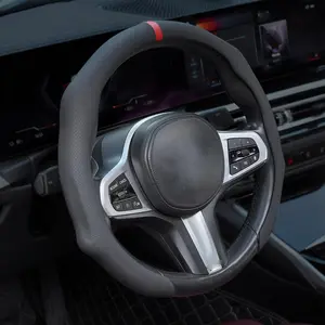 Quick Install Sporty Perforated Nappa Leather Steering Wheel Cover with Red Stripes Universal fit 14½" to 15" Car SUV Pickup 14.5 to 15 inches Nappa Automotive Steering Wheel Cover Interior Decor