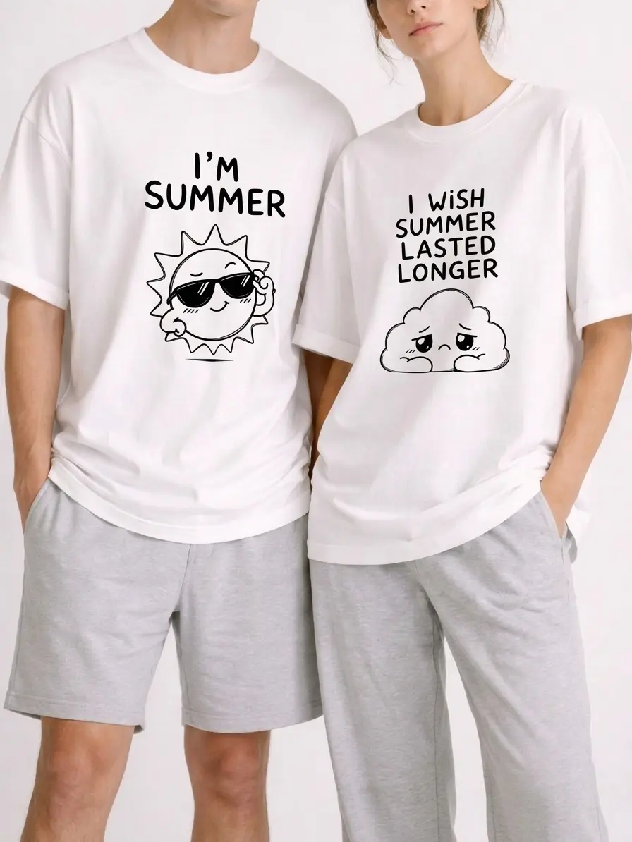 Funny Summer Matching Couple T-Shirts I'm Summer & I Wish Summer Lasted Longer Cute Sun Cloud Graphic Tee Set