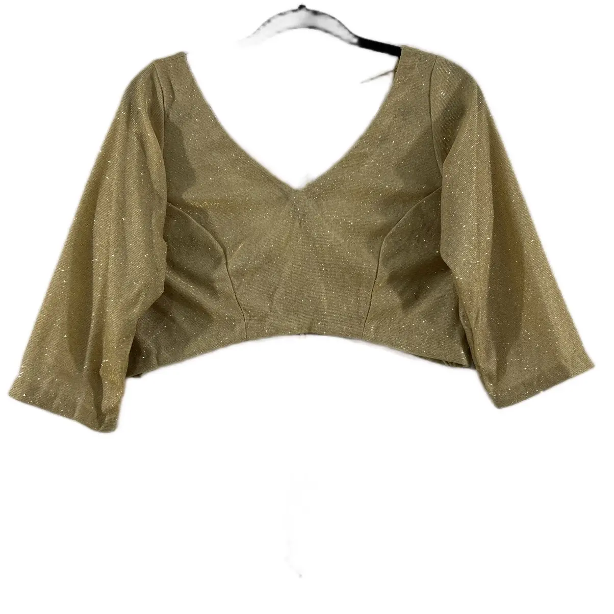 Trendy Women's Golden Shimmer Fitted Blouse with Stylized Back Design and Stylish Dori with Tassels. Matches a variety of Saree and Lehnga Choices.