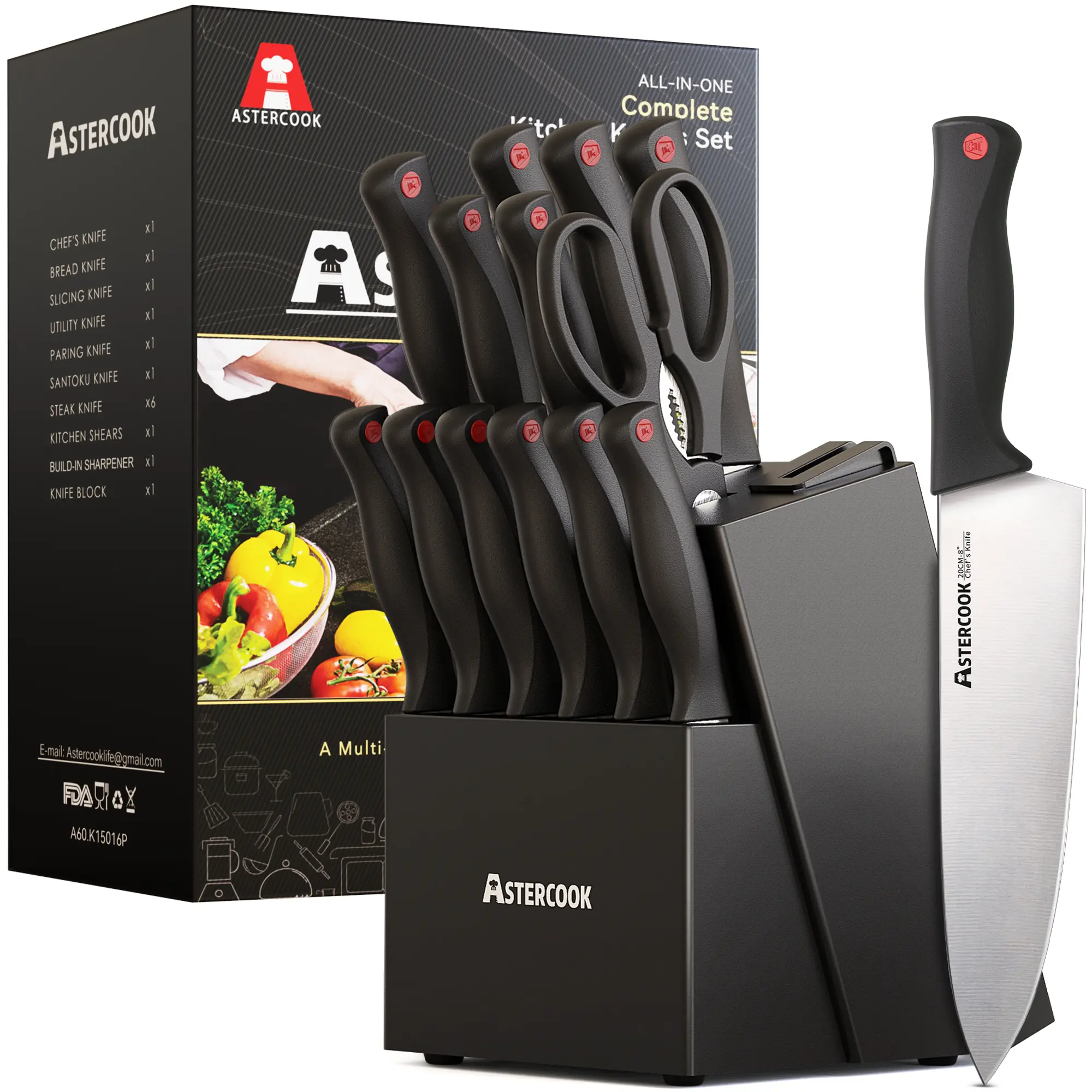 Astercook 14-Piece Durable Kitchen Knives Set with Block - High Carbon German Stainless Steel Blades, Built-in Sharpener, Rust-Resistant, Dishwasher Safe, Black Cutting Tool for Home Cooking (Less Buying Option), Knives Kitchen Set