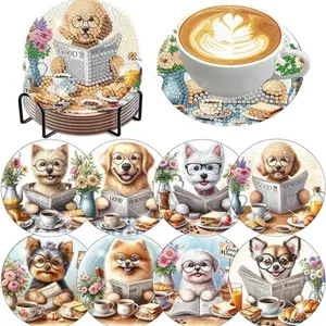 8-piece/set animal dog pattern diamond painted coaster set, sparkling rhinestone heat-resistant drink pad with stand, DIY coaster for beginners, diamond kit craft supplies, artificial diamond art craft supplies, Diamond Painting Coasters, gift