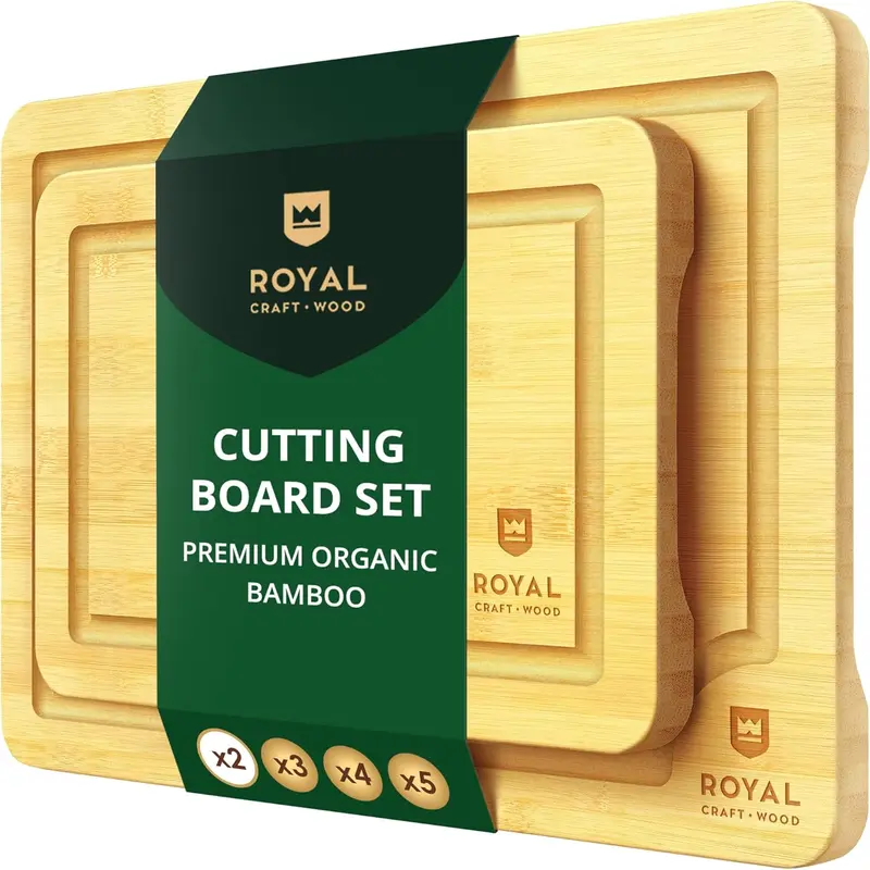 Royal Craft Wood Bamboo Cutting Board Set Of 2 - Chopping & Serving Boards with Deep Juice Groove Edges and Knife-Compatible Surface