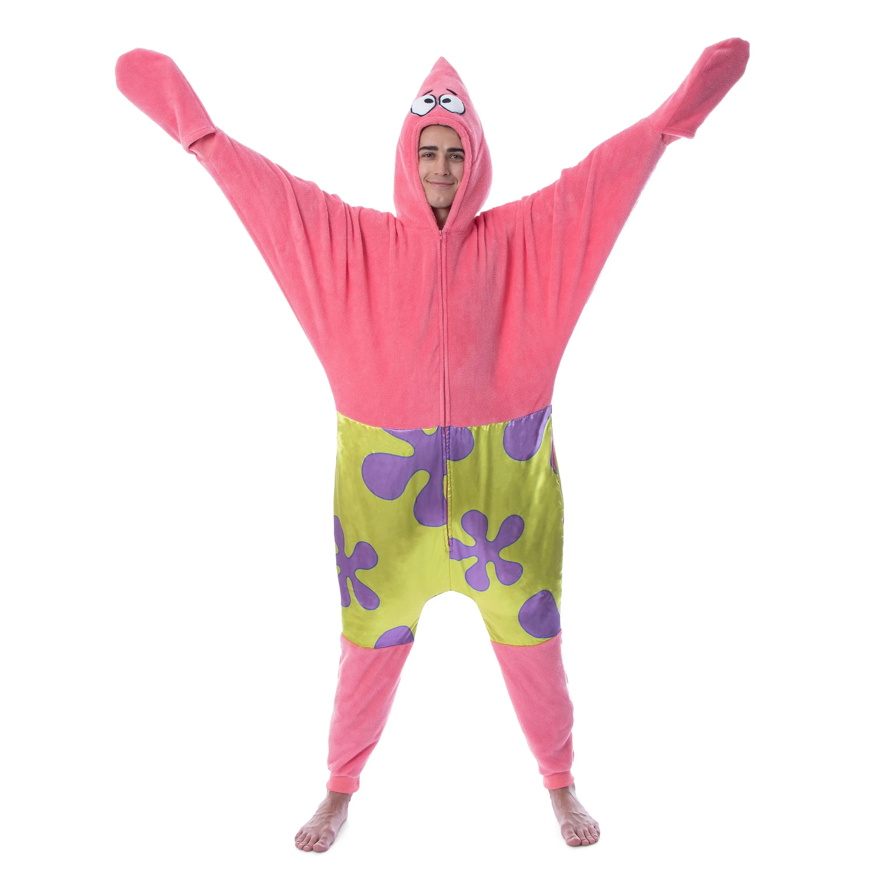 PJammy Menswear Pajama Costume, Patrick Star Union Suit Nightwear with 3D Hood, Pockets and Covered Hands in Ribbed Fabric, Long Sleeve, Loungewear, Pajama Set