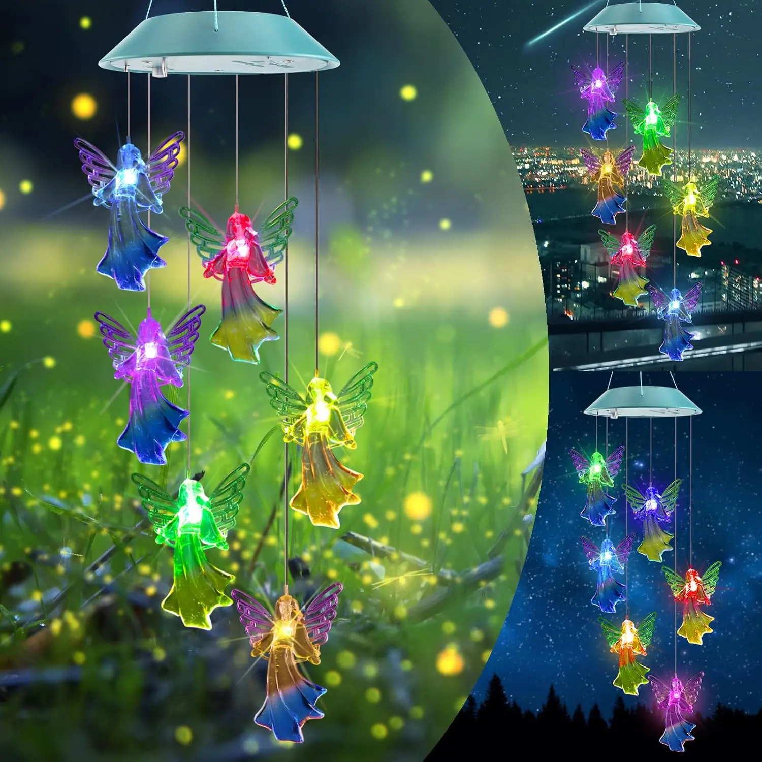 Solar-powered waterproof decorative wind chime light, featuring a color-changing angel design and 6 LED beads.  Suitable for outdoor hanging, it makes a perfect New Year's gift for mothers and grandmothers, and is ideal for porches, gardens, and patios. s