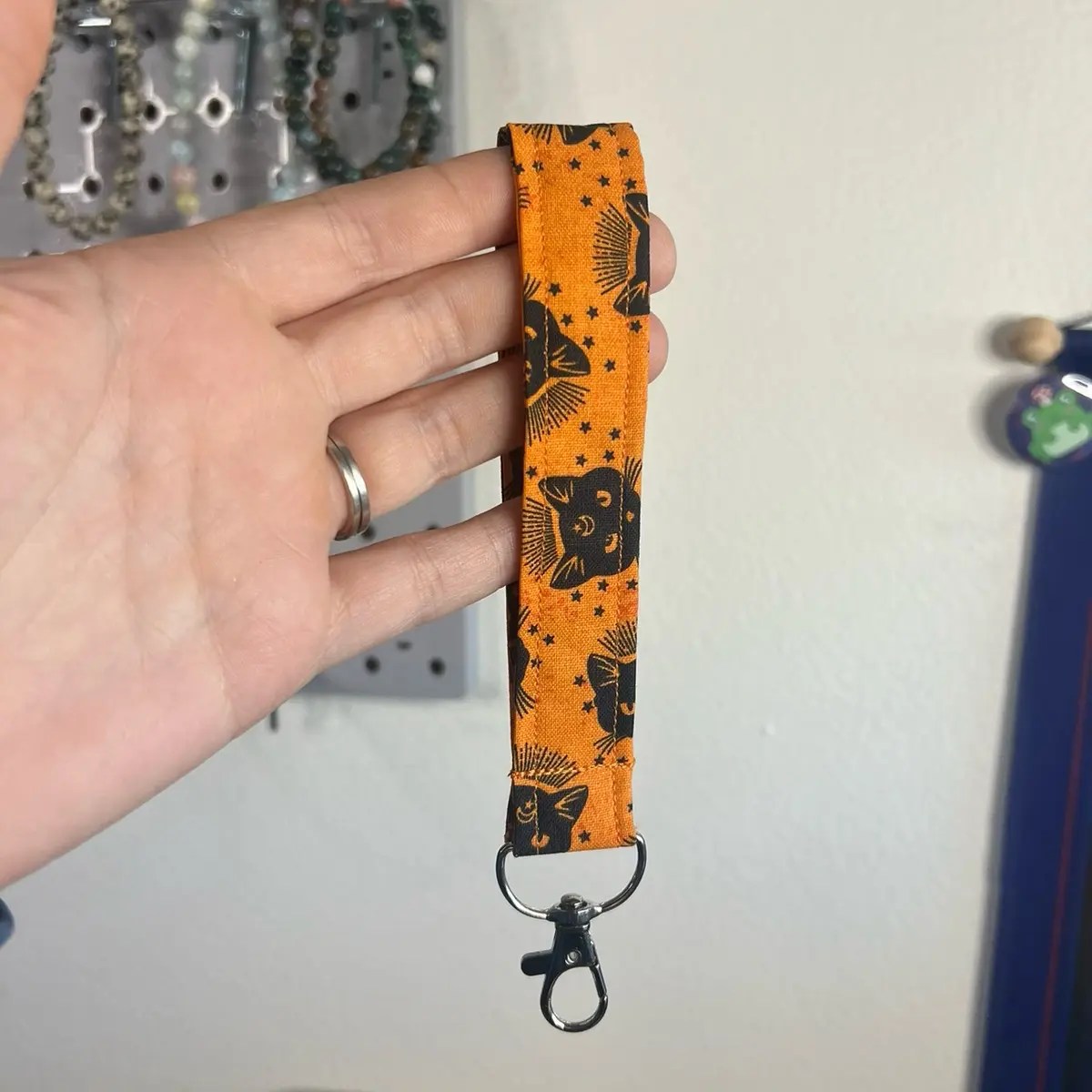 Black Cats on Orange Fabric Keychain Wristler