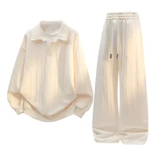 Plus Size Unisex Cream Cable Knitted Loungewear Set - Foam Polo Tops & Baggy Joggers (Spring/Fall) Athletic Tracksuit Lightweight Athletic Outfits Summer Activewear