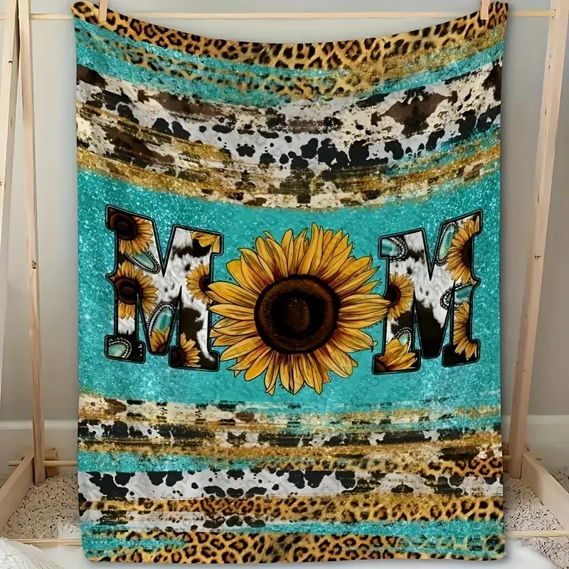 [Summer Vibes] Sunflower Cow Print Flannel Blanket, Soft Cozy Throw Blanket Nap Blanket For Travel Sofa Bed Office Home Decor Birthday Holiday Gift Blanket For Mom Suitable For Sofa Bed Car Office Camping Travel