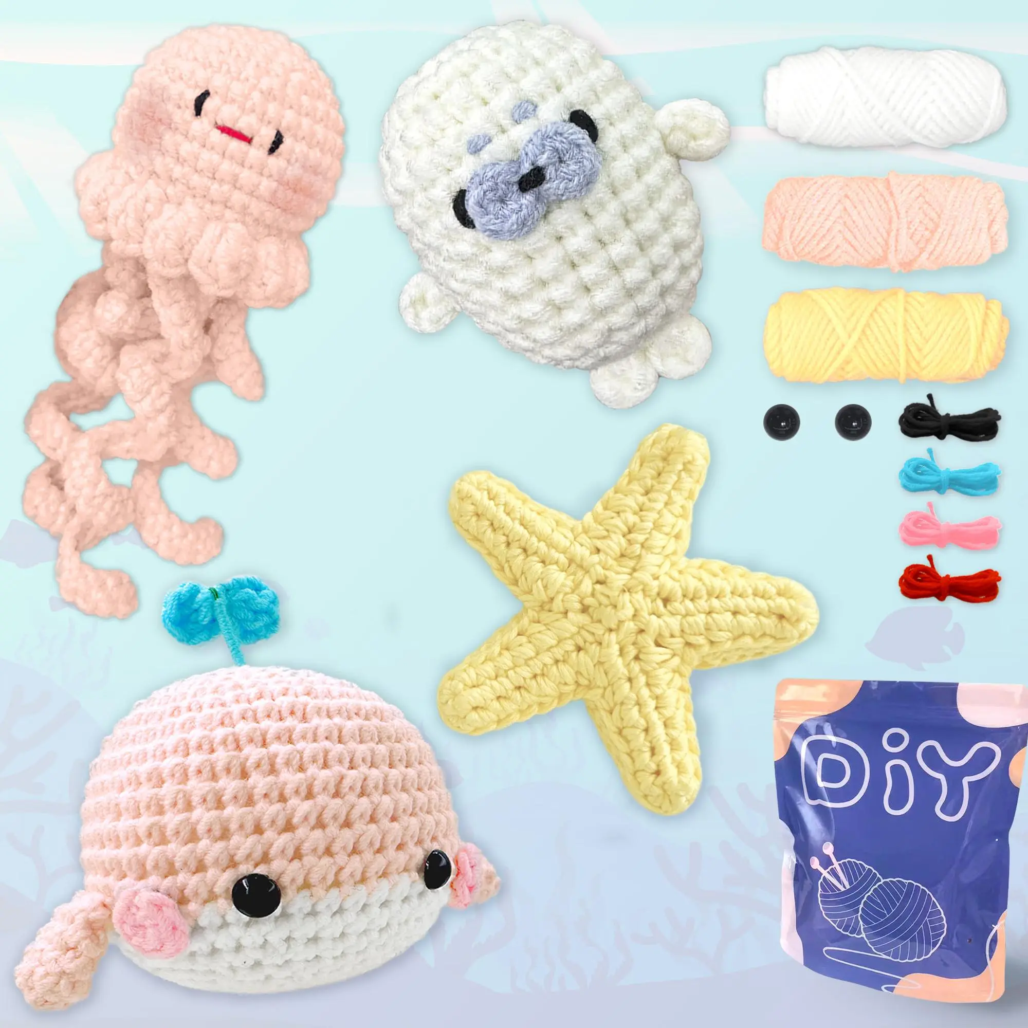 Cute Ocean Animal Amigurumi Crochet Toys Kit, 4 Counts/set Cute Crochet Toy with Random Color Accessories DIY Kits Crochet Tool Kit for Beginner Knitting Supplies