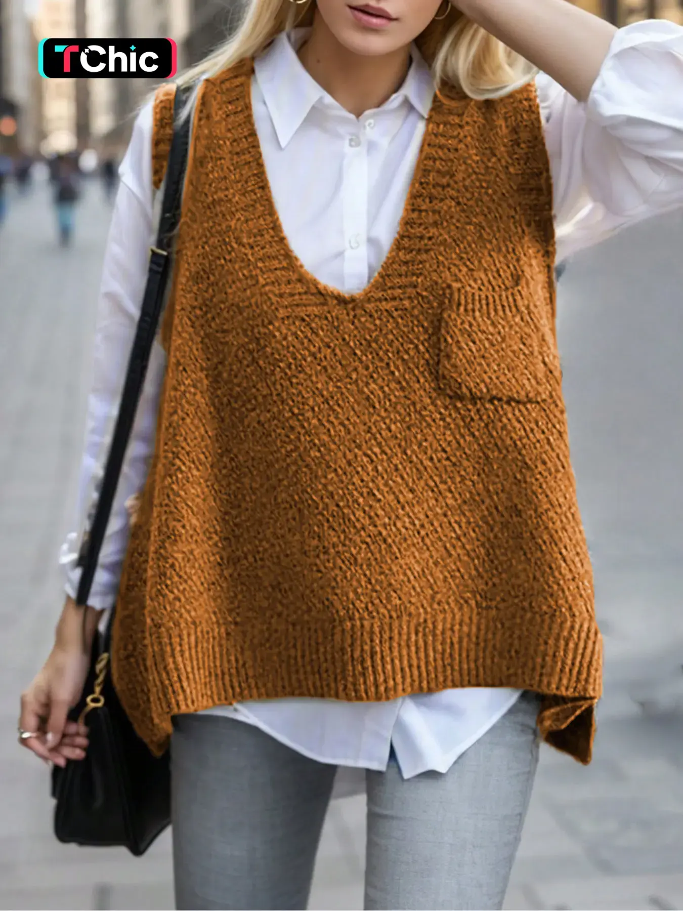 Women's Basic Solid Pocket High Low Hem V Neck Loose Sweater Vest, Casual Sleeveless Jumper Vest for Daily Wear, Ladies Knitwear Tops for All Seasons