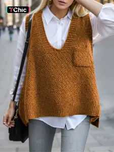 Women's Solid Pocket High Low Hem V Neck Sweater Vest, Casual Sleeveless Jumper Vest for Daily Wear, Ladies Knitwear for All Seasons, Chic Elegant Vest