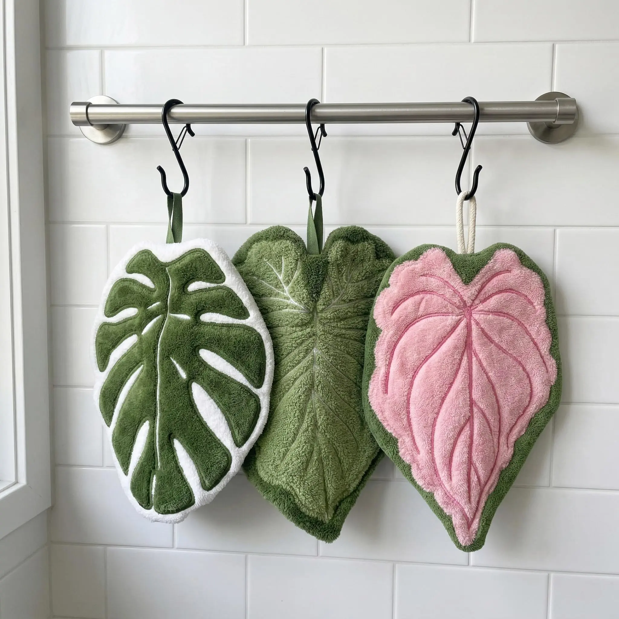 3 Pack Leaf Hand Towels Hanging Kitchen Towels with S Hanging Loop,Cute Coral Fleece Bathroom Hand Towels, Absorbent, Quick-Drying, and Lint-Free,for Bath/Kitchen/Living Room(Green+Pink+White)