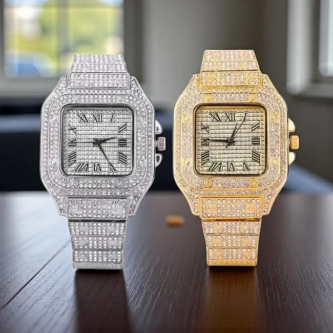MaxBling81 Men's Rhinestone Decorated Watch - 40mm Case, Iced Quartz Movement, Adjustable Stainless Steel Strap, Square Dial, Gold-Coated All-Metal Bling Crystal Quartz Watch, Fashion Jewelry Accessory with Gift Box, Bling Crystal Quartz Watches