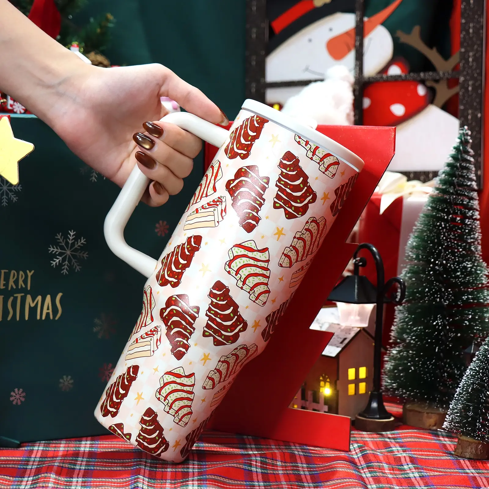 1 Pc 40oz Double Wall Insulated Vacuum Cup, Leak Proof Skinny Thermal Mug, Keeps Hot 12 Hours Cold 24 Hours, Christmas Cake Pattern, Large Handle Travel Tumbler for Hot Cold Drinks, Valentine’s Day Holiday Gift for Women Men, Office Home Coffee Tea Cup