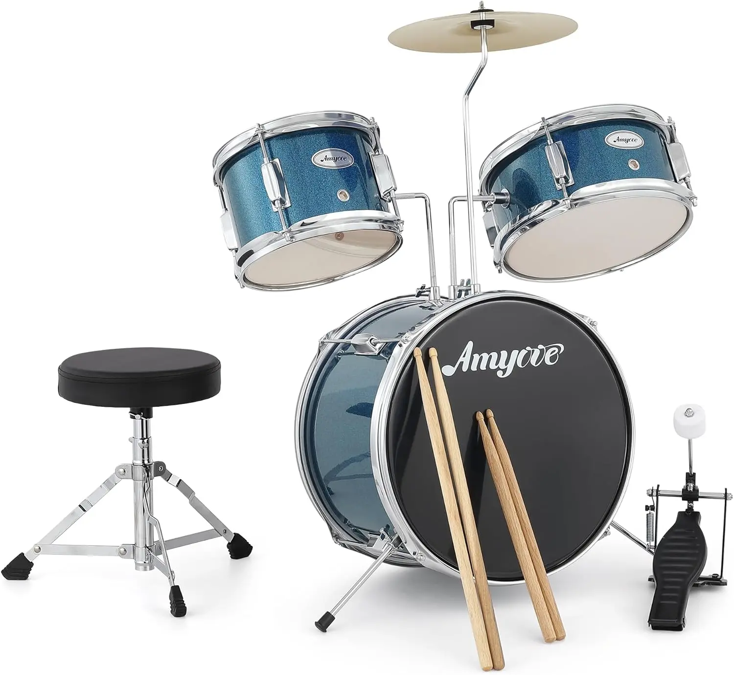 Kids' Wooden Beginner 3-Piece Blue Drum Set, Durable Compact Percussion Instrument with Cymbal, 2 Drumsticks, Pedal, 2 Toms, Throne Stool, Tuneable Skins