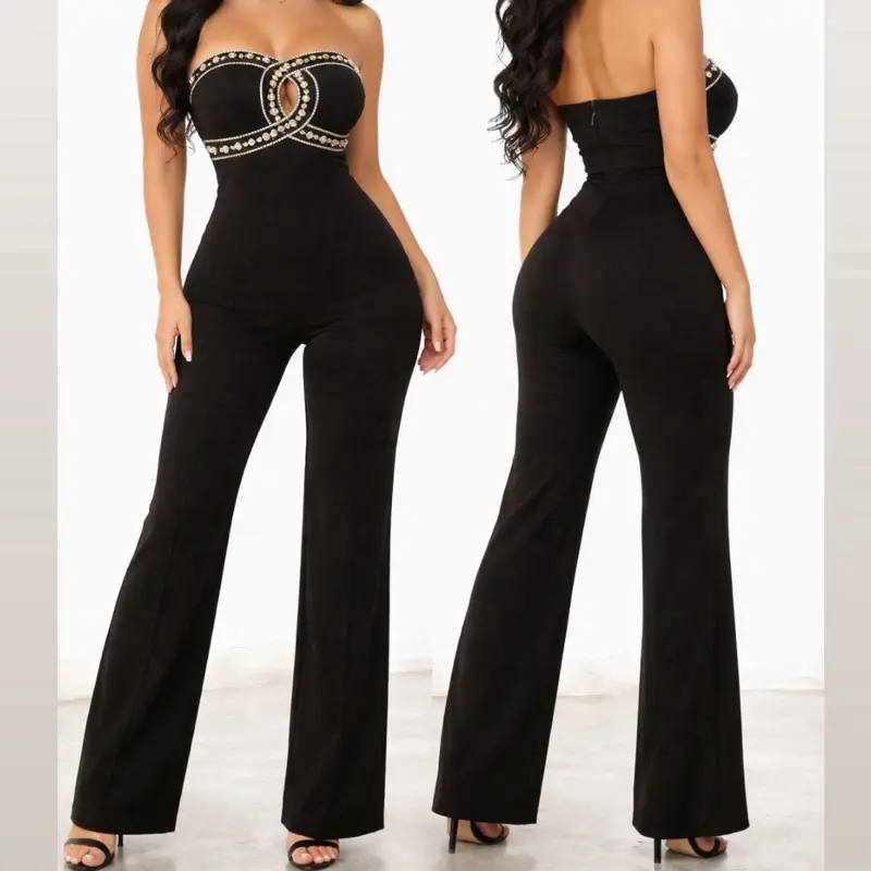 Women's Black Rhinestone Casual Sleeveless Overalls V23-327 - Halter Cutout Bodycon Jumpsuit, Stretch Fit Quality Fabric, Beaded Halter Bib Romper, Halter Cutout Jumpsuit