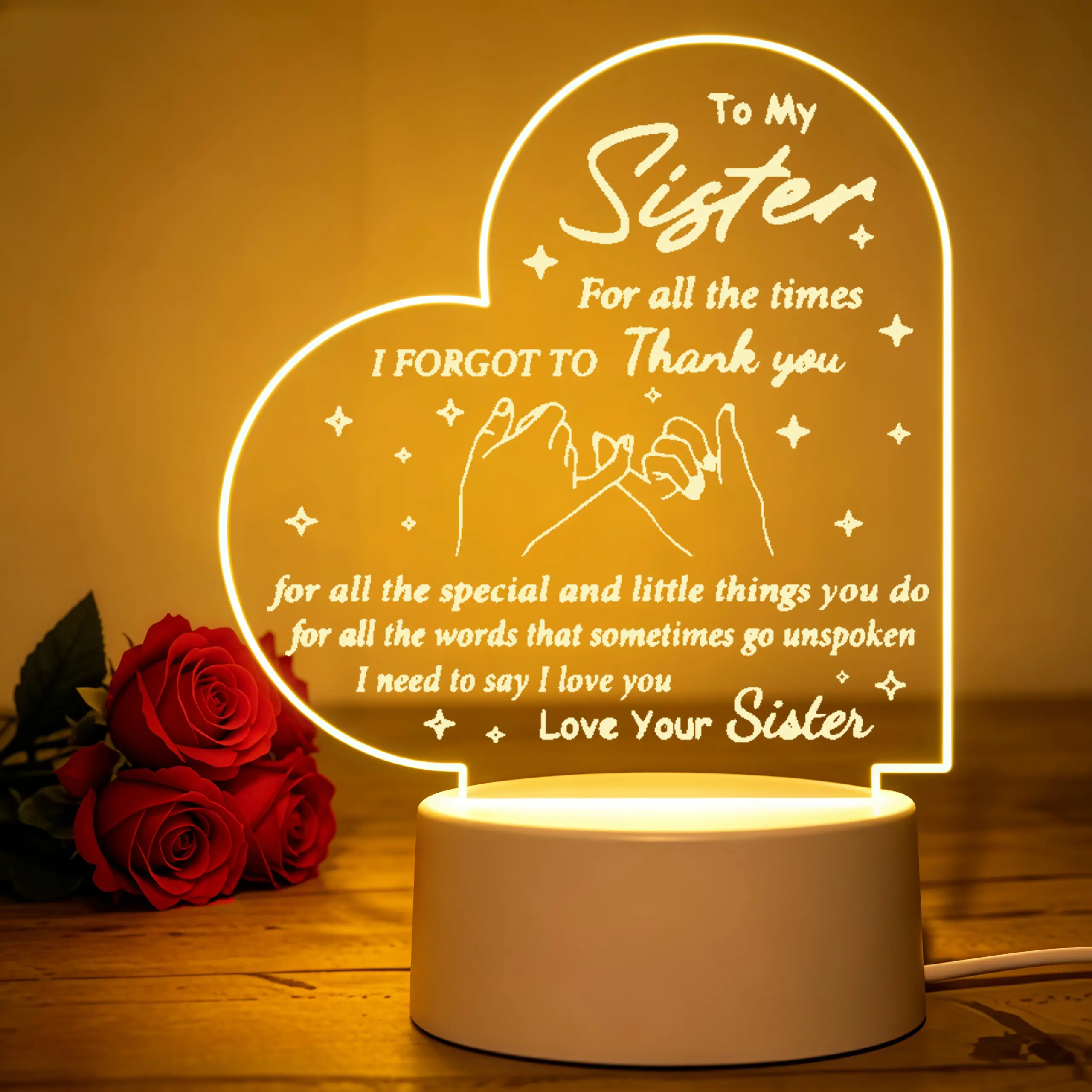 To My Sister Modern Flat Heart Shaped Acrylic Body LED Night Light, Pinky Promise Hand Engraved Desk Lamp, Festive & Back To School Gift for Sister