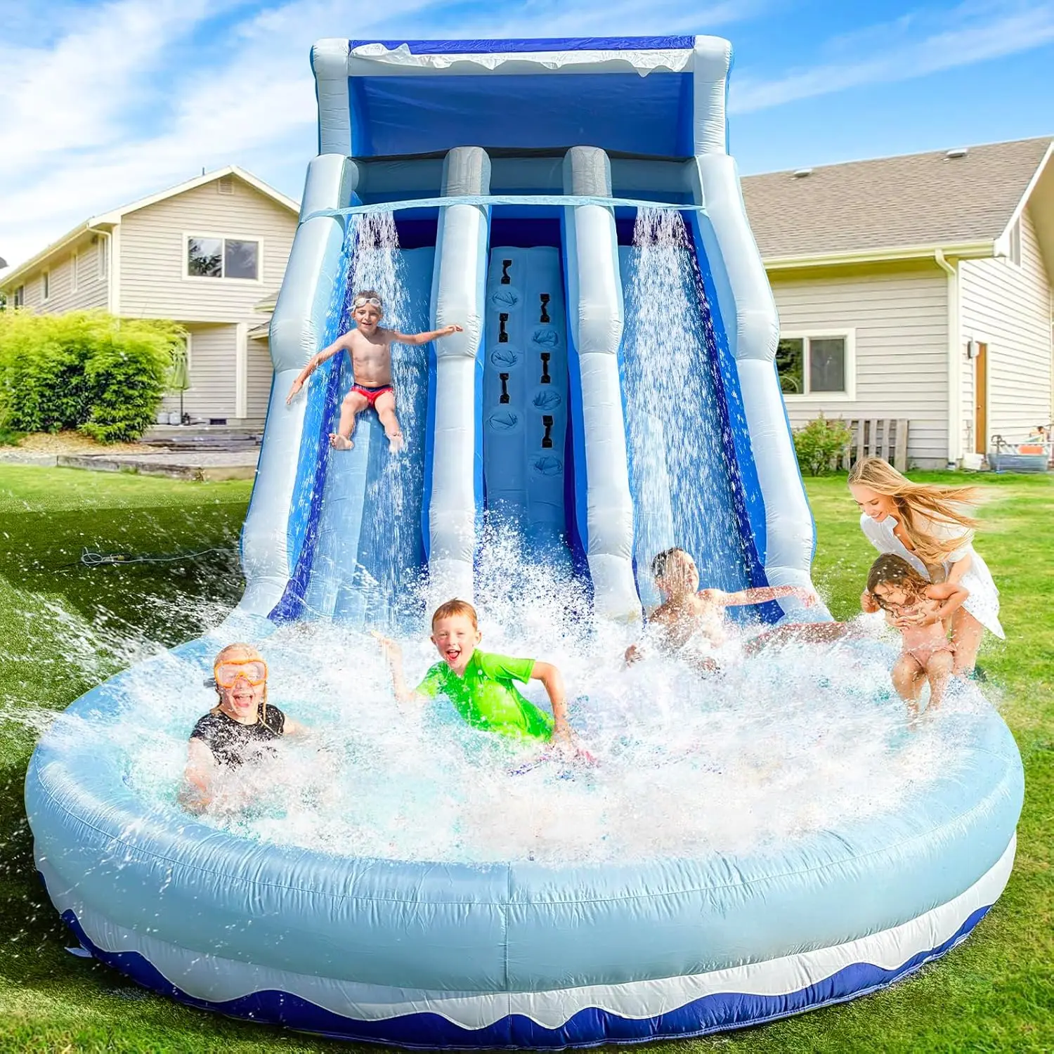 iLink-outer Grade Water Slide Inflatable with Pool for Kids and Adults Double Slide with Pool & Blower Water Tube for Kid and Adult All Age,Oxford, Wet Dry Use, Party Gift-(Bule)