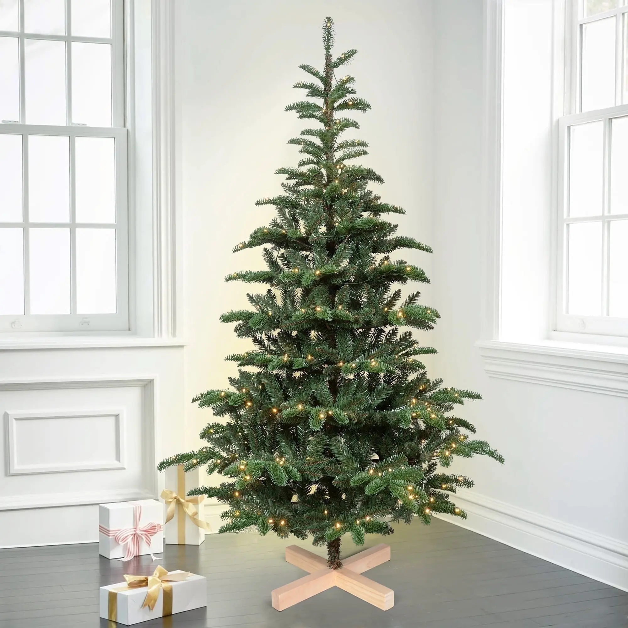 Pre-Lit Artificial Christmas Tree (7/8FT) with PE-PVC Mixed Tips, Warm White Lights, Cross Wooden Stand, Natural Pine Shape for Holiday Home Decoration