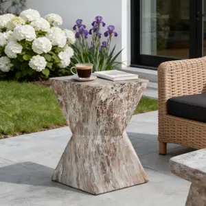 Cement Outdoor End Tables for Patio, GardenAccent Table Faux Terrazzo Accent Table, Modern Small Round Side Tablefor Outside, Tree Stump Garden Stool DrumTable indoor and Outdoor