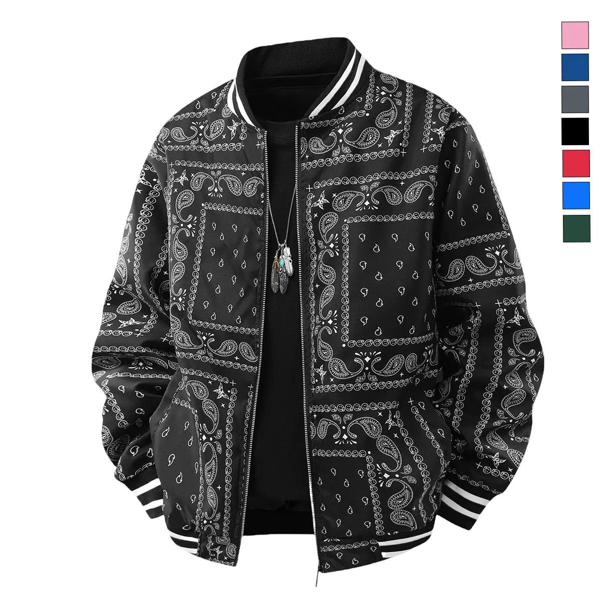 Men's Vintage Baseball Jacket with All Over Cashew Print, Lightweight Casual Polyester Longsleeves for Street Fashion and City Strolls, All Over Print, All Seasons, Fitted, Long Sleeve