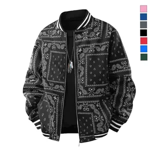 Men's Cashew Flower Print Longsleeves Baseball Jacket - Street Style, Ribbed Collar-Cuffs-Hem, Vintage Appeal, Lightweight Fiber Fabric, Ideal for Casual Gatherings, City Strolls