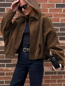 Women's pilot jacket, zip-up winter coat, bomber jacket, fleece-lined with inner lining, loose short design, with zip and pocket designs, street style, suitable for cold weather, Outerwear