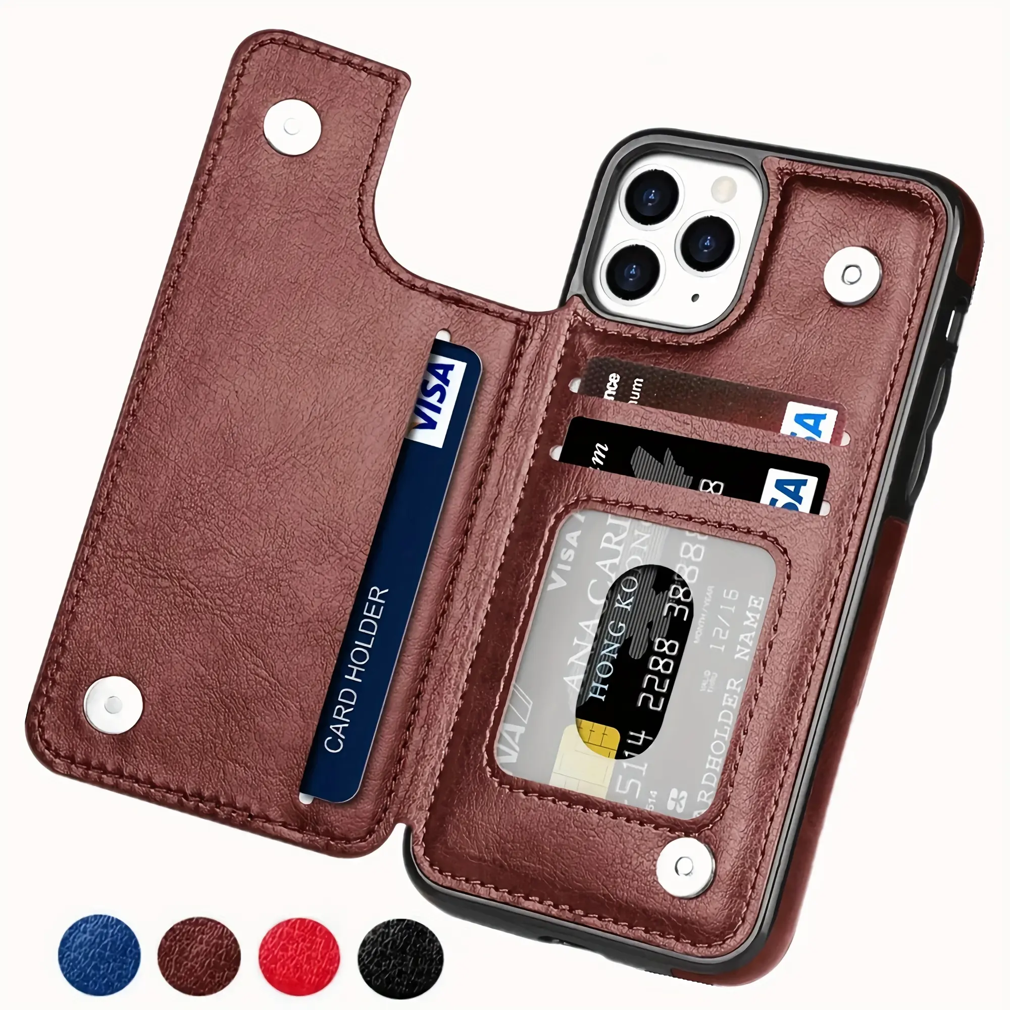 Faux Leather Multi-Model iPhone Wallet Case with Card Holder, Card Slots, Double Magnetic Clasp, Kickstand - Silicone+Plastic-TPU Shockproof Durable Handheld Accessory for iPhone 16e/16/15/14/13/12/11 Pro Max, XR, XS Max, SE 2022/2020, 7/8 Plus