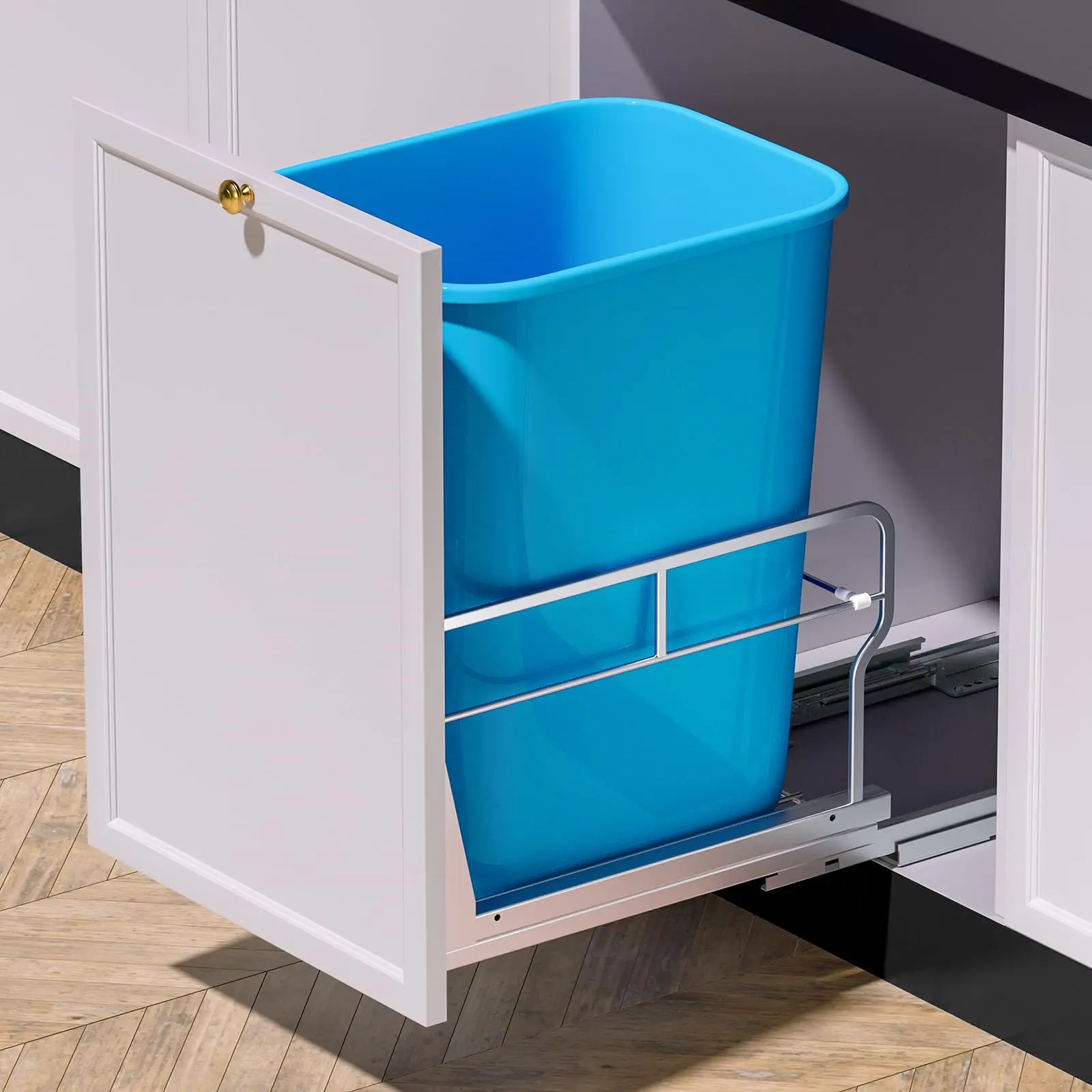 Insputer Single Under Cabinet Trash Can Kit - Alloy Steel  with Smooth Soft-Close Slides, 40 Qt Heavy-Duty, Fit for Kitchen/Balcony, Single/Double Option Compatible, Garbage Can Not Included, Min Cabinet Opening 12" W x 18" D