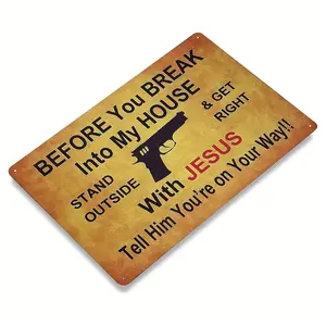 1count 11.81x7.87inch Gun Sign Warning Tin Sign, Before You Break Into My House Metal Tin Plaque Wall Decor For Kitchen Bar Coffee Shop, Metal Sign Vintage Warning Gun Signs