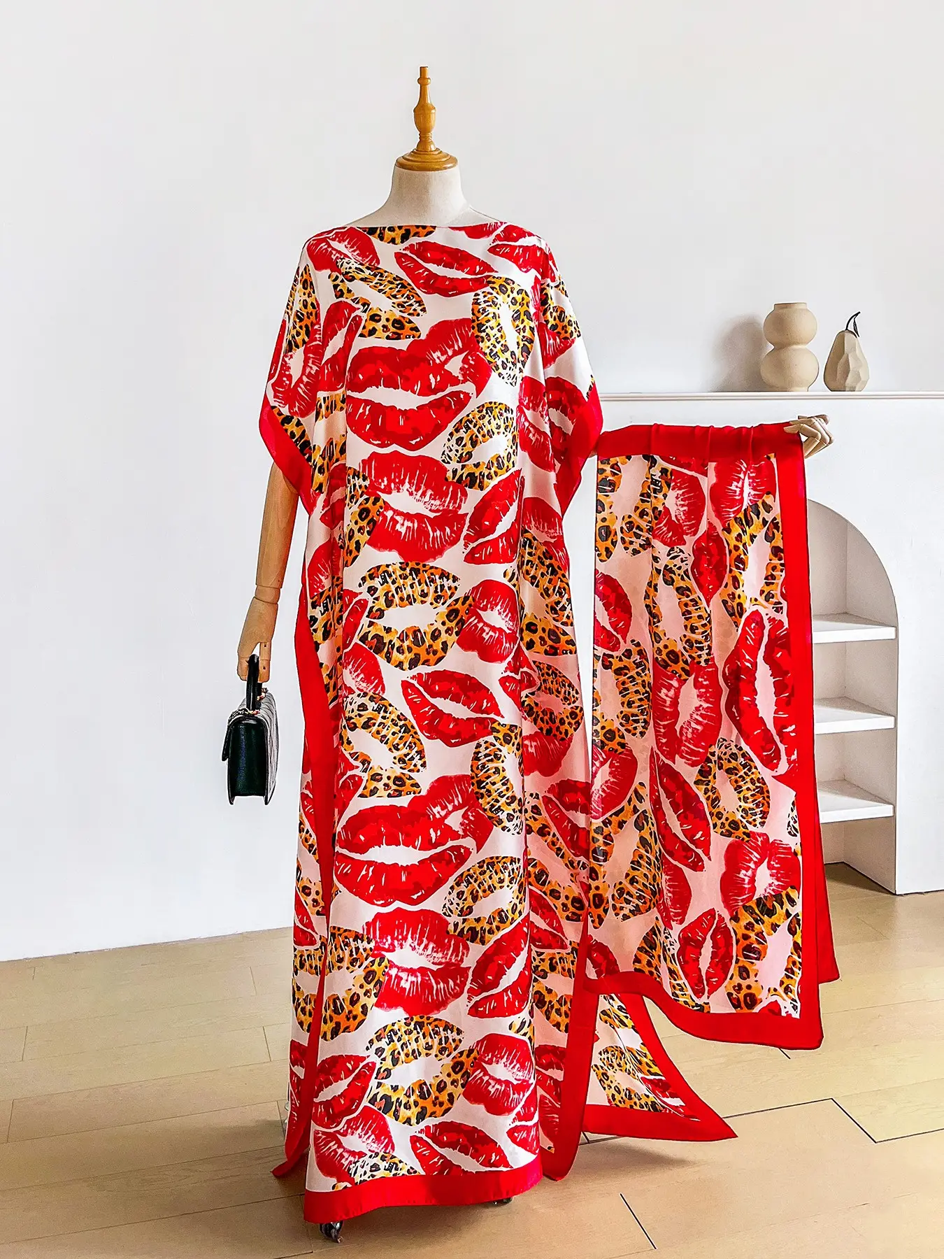 Women's Fashion Summer Sun Protection Lip Print Long Dress & Satin Scarf Matching Set for Beach Women's Fashion Summer Sun Protection Lip Print Long Dress & Satin Scarf Matching Set for Beach
