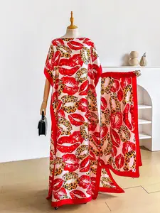 Women's Fashion Lip Print Robe Set, Long Dress with Headscarf, Beach Sun Protection, Satin Scarf, Summer for Ladies