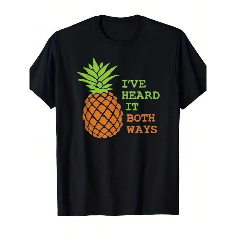Women Funny Pineapple Graphic T Shirt I've Heard Both Ways Saying Heavyweight Cotton Tee Black With Design Psych Show Inspired Casual Attire