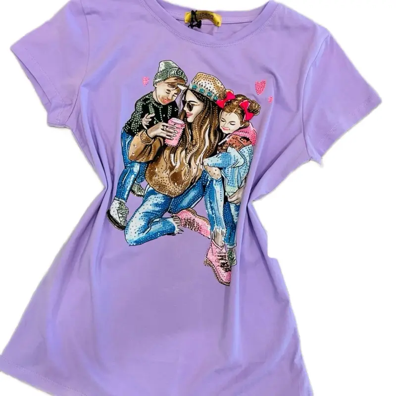 Vinizbena Purple Women Cotton T-Shirt - Casual Top with Graphic Design Featuring Family, Short Sleeves
