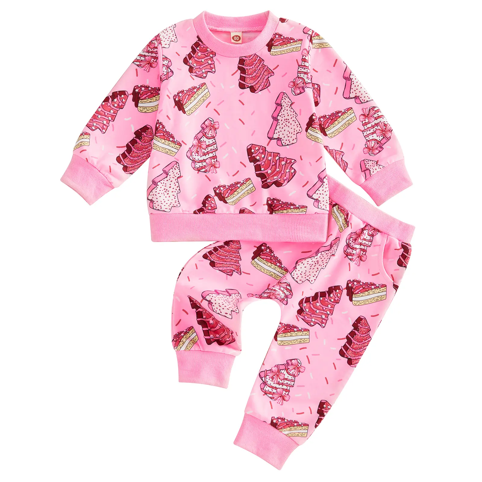 Infant Toddler Baby Girl Christmas Outfits Long Sleeve Christmas Tree Cake Print Crew Neck Sweatshirt Pullover Tops Jogger Pants Set Fall Winter Sprin