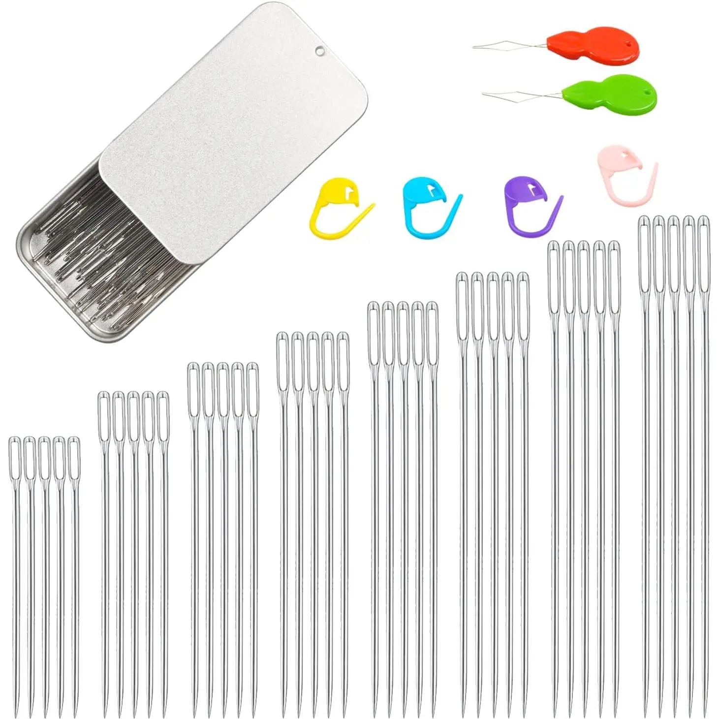40PCS Large Eye Sewing Needles, 8 Sizes Hand Sewing Sharp Needles, Embroidery Needle, Leather Needle, Stainless Steel Yarn Needles with Threaders & Stitch Markers (Silver)