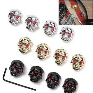 4 skull-shaped metal volume knob caps for electric guitar, bass, and electric bass, with wrench for instrument adjustment