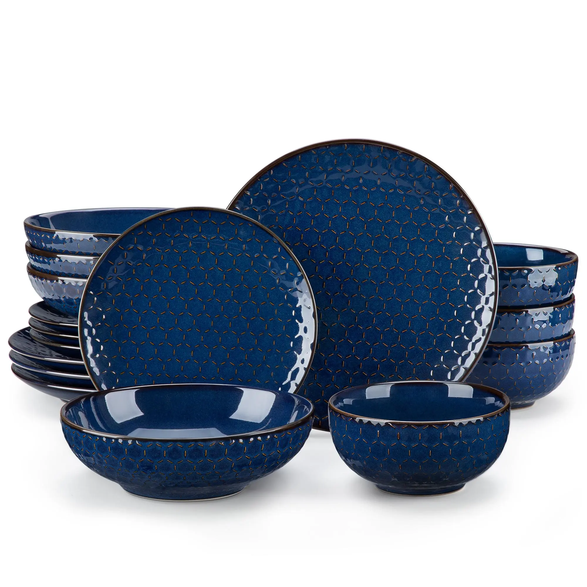 MALACASA 16 Pieces Stoneware Tableware, White/Blue Embossed Delicate Dinnerware Set for 4 People, Plate and Bowl Set in Cinquefoils/Honeycomb Patterns for Kitchen Lovers Winter Holiday