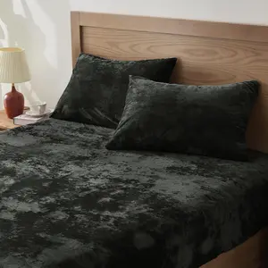 Velvet Fitted Sheet and Pillowcases Set, Luxury Soft Fuzzy Bottom Sheet with Reinforced Elastic Corner Straps, Deep up to 15 Inch, 1 Fitted Sheet and 2 Pillowcases (Full, Black)