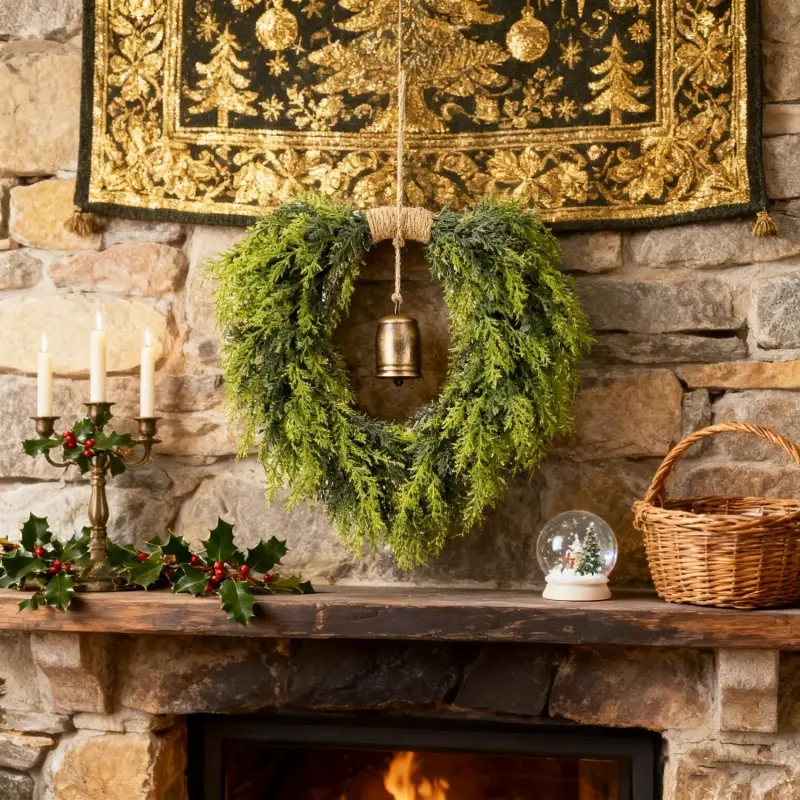 Christmas heart-shaped bell wreath with bells - Elegant simulation pine green plant heart design, durable plastic indoor/outdoor Christmas wreath, suitable for front doors, Windows, tables, fireplaces, wall decoration - No electricity required, easy to ha