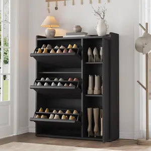 Shoe Storage Cabinet with 3 Flip Drawers & Side Door, Hidden Shoe Organizer with Adjustable Shelves, Freestanding Wooden Shoe Cabinet for Entryway, Hallway, Living Room