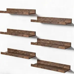 6 Pack Wooden Floating Shelves for Wall Storage and Decor, Rustic Wall Mounted Display Shelves for Bathroom Bedroom Living Room Kitchen Office Laundry Room, Brown Hanging Storage Shelf Set for Books Plants Frames