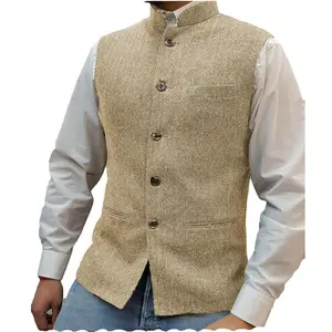 Men's Slim Fit Blend Vest - Herringbone Pattern, High Collar, Front Button, Red, Spring/Autumn Business Casual Style, Versatile Men's Wear | Button Front Vest | Polyester Nylon Blend