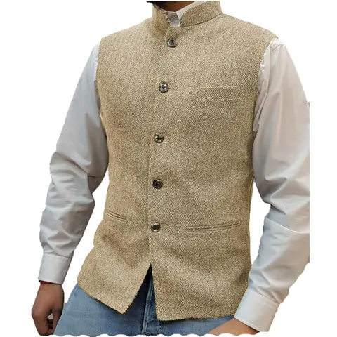 Men's Herringbone High Neck Woven Polyester-Nylon Blend Tweed Button Vest - British-Style Regular Fit Plain Formal Suit Separates, Dry Clean Only, for Weddings, Compatible with Beige Shirts, XL