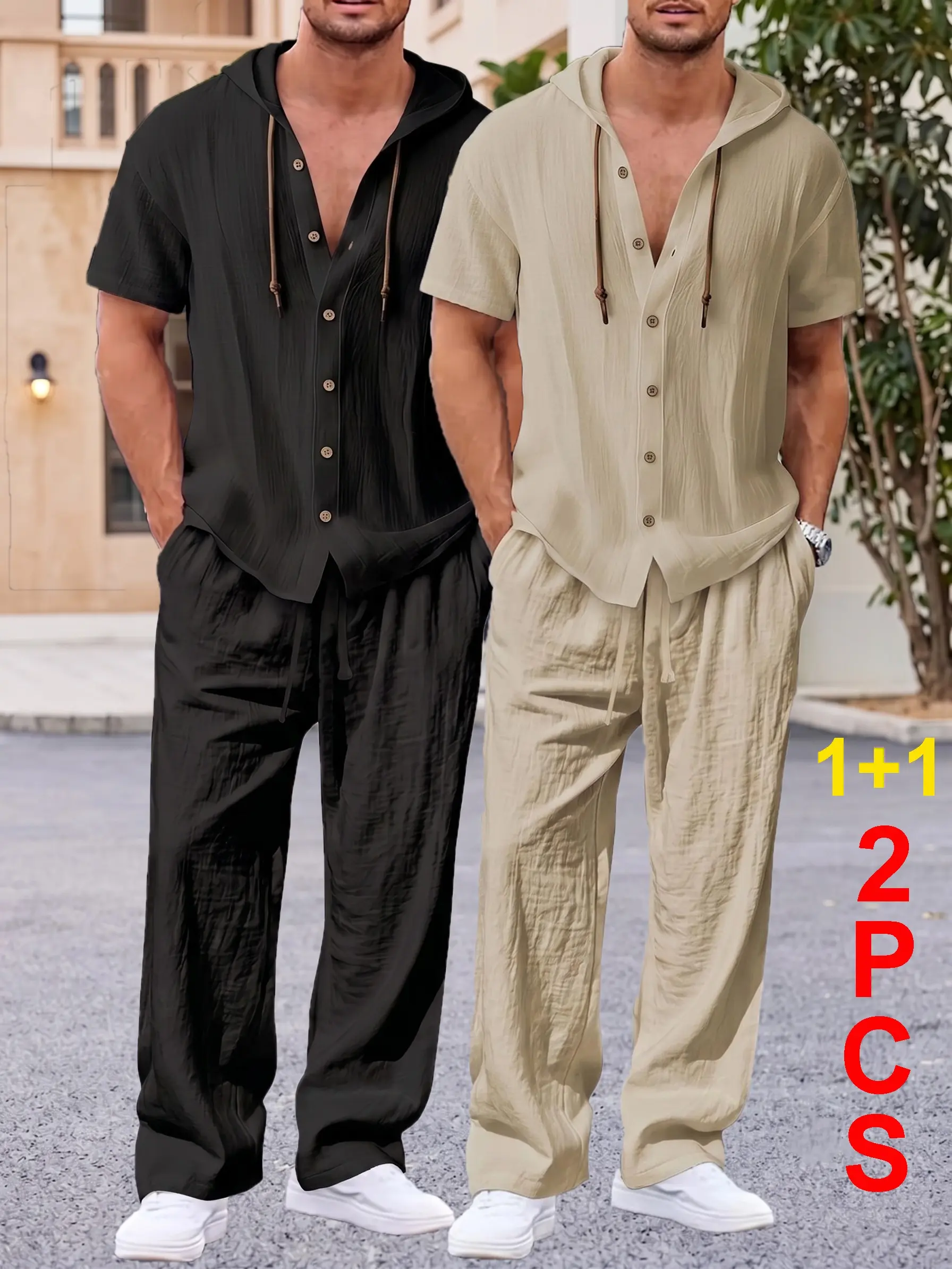 Men's Coastal Vibe 2-Piece Set, Linen Blend Short Sleeve Hooded Shirt & Drawstring Pants for a Tropical Vacation