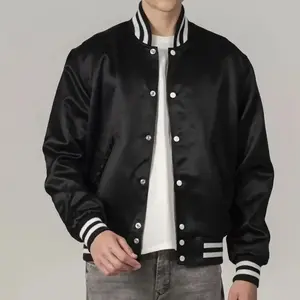 Black Satin Varsity Jacket with White Stripes