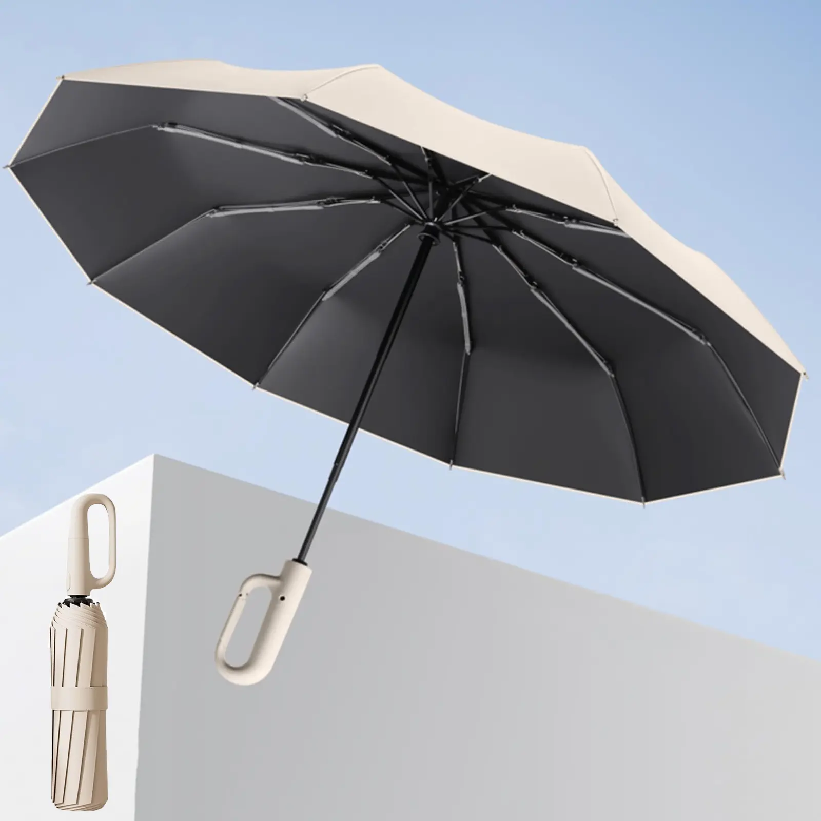 Inverted Umbrella with Carabiner Handle, Compact Wind Proof Umbrellas For Rain and Sun Protection, Portable Reverse Folding Umbrella, Car Umbrella for Women Men, 10 Ribs