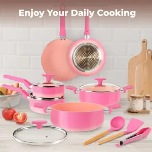 MGKKT Ceramic Cookware Sets 17 Pcs Non-Stick Pot and Pan Set with Oil Polymerization Design Healthy Non-Toxic Cooking RV Camping Stackable PTFE/PFOA Free Pink blackfriday black friday deals 2025
