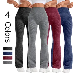 Women'S High-Waisted Threaded Flared Yoga Pants, High-Waisted Hip-Lifting Fitness Pants, Peach Hip Sports Pants, Wide-Leg Pants, Workout Clothing, Casual Style, Ribbed Texture, Breathable Fabric, Women'S Activewear