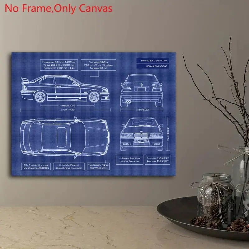 1 piece/set frameless, Unframed canvas painting print poster, classic minimalist art, performance car E36 M3 blue blueprint, gift for vintage car lovers, bedroom, living room, mural, wall decor, Minimalist Prints